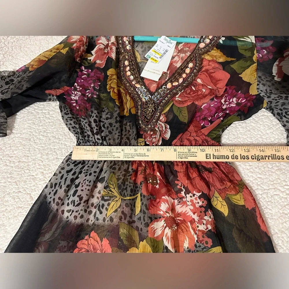 Vintage Solitaire Beaded Floral Sheer Blouse Top Animal Print Butterfly Sleeves - Picture 5 of 12